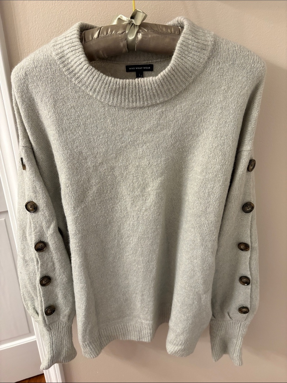 Light green Button-Sleeve Crewneck Sweater
